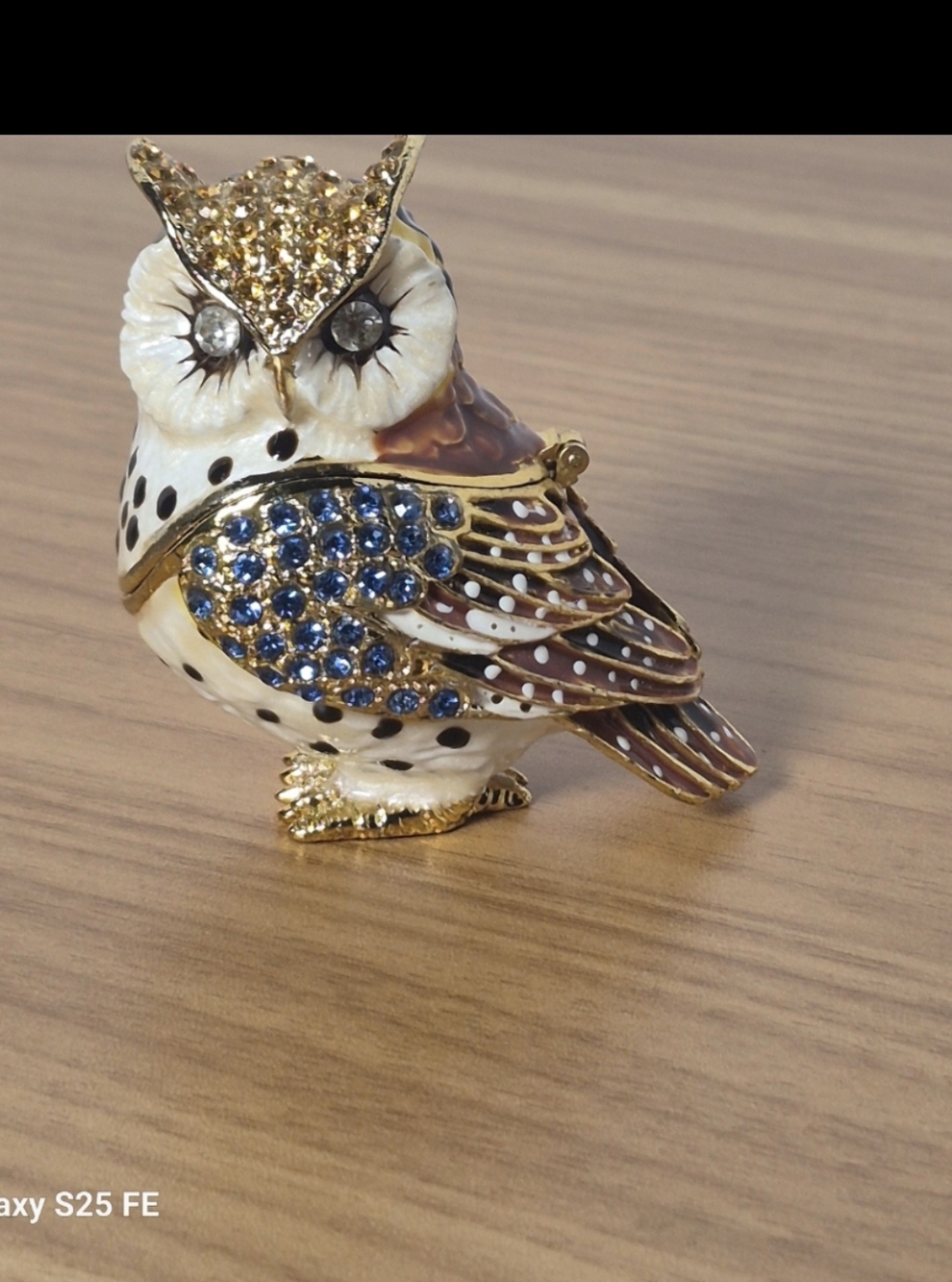 Ornate Blue & Gold Crystal Owl Figurine - Enameled Metal Trinket Box